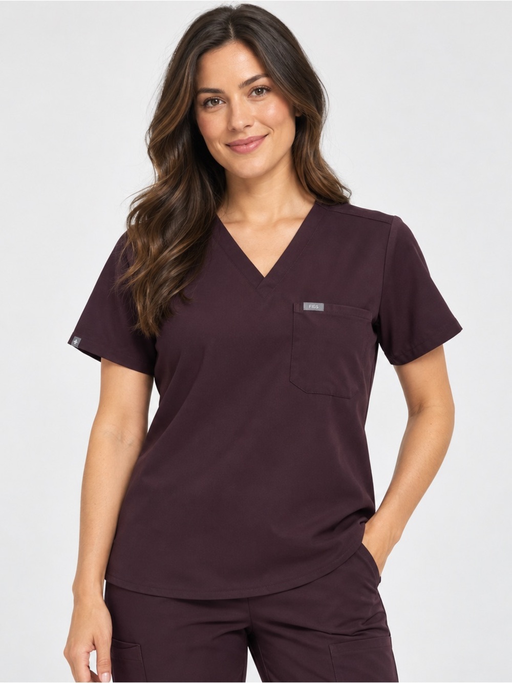 FIGS Catarina Scrub Top Size L Espresso Brown V-Neck Technical Collection